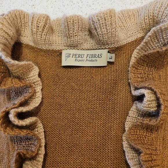 Baby Alpaca Sweater Womens L Beige Brown Ruffled Long Sleeve Cardigan Peru Fibra - Picture 8 of 10